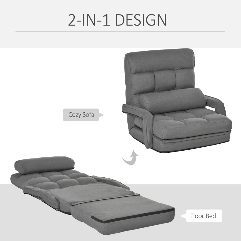 HOMCOM Convertible Floor Sofa Bed, Recliner Armchair Upholstered Sleeper Chair with Pillow for Living Room Bedroom Lounge, Gray
