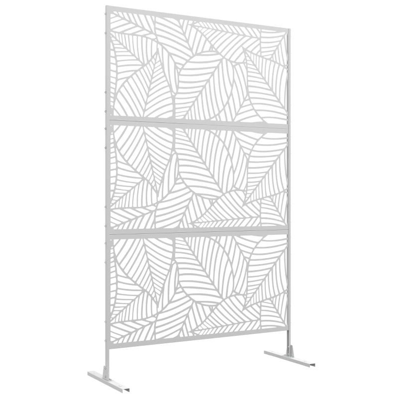 Outsunny 6.5FT Decorative Outdoor Divider, Metal Privacy Screen with Stand, Large Leaf Style, White