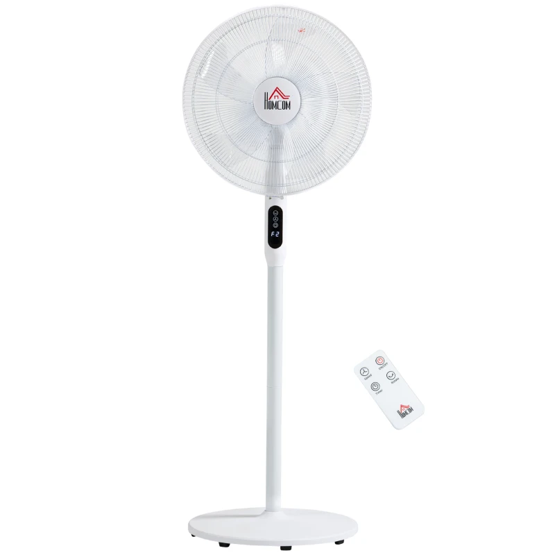 HOMCOM Floor Standing Fan with Remote Control, Oscillating, LED Screen, Stand Up Cooling Fan, Tall Pedestal Electric Fan for Home Bedroom, White