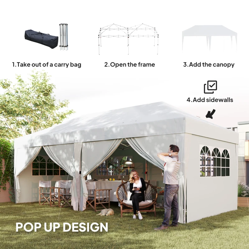 Outsunny 10' x 20' Pop Up Canopy Tent Outdoor Portable Easy Up Party Tent Garden Shade Shelter with Walls Carrying Bag, White