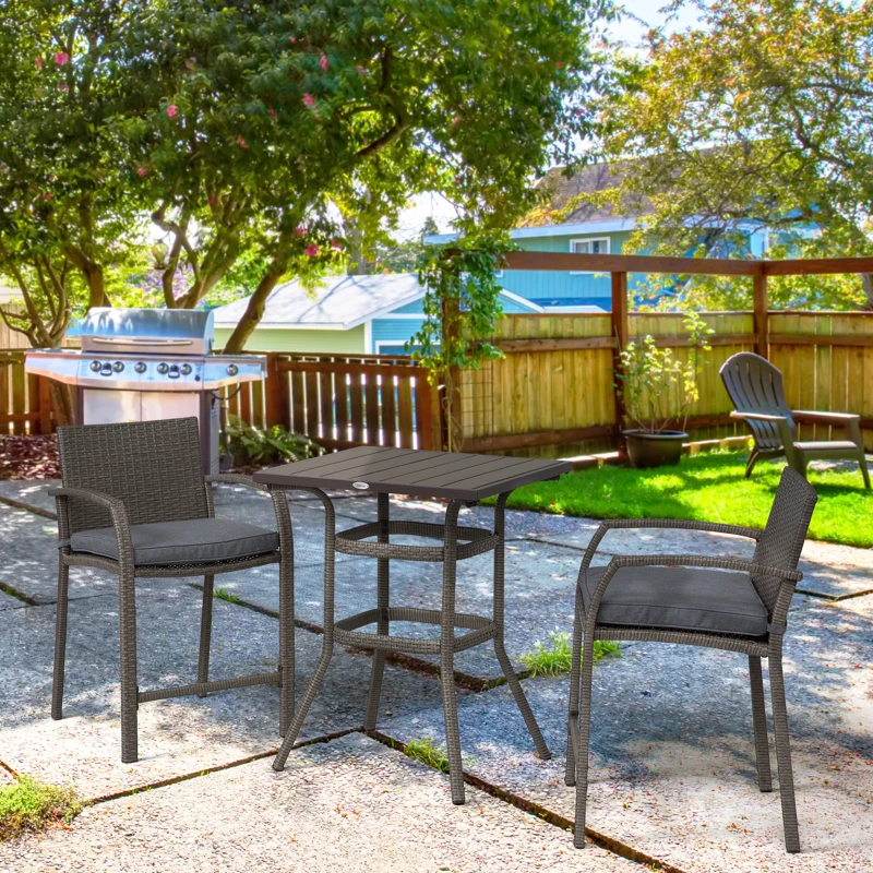 Outsunny 3 PCS Rattan Wicker Bar Set with Wood Grain Top Table and 2 Bar Stools for Outdoor, Patio, Poolside, Garden, Grey
