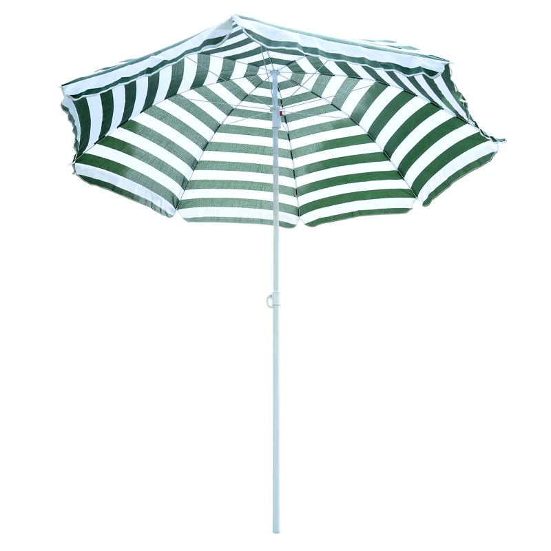 Outsunny 6FT Round Beach Umbrella with Tilt Mechanism, Outdoor UV Protection Sun Shaded Canopy with Push Button, Striped Green