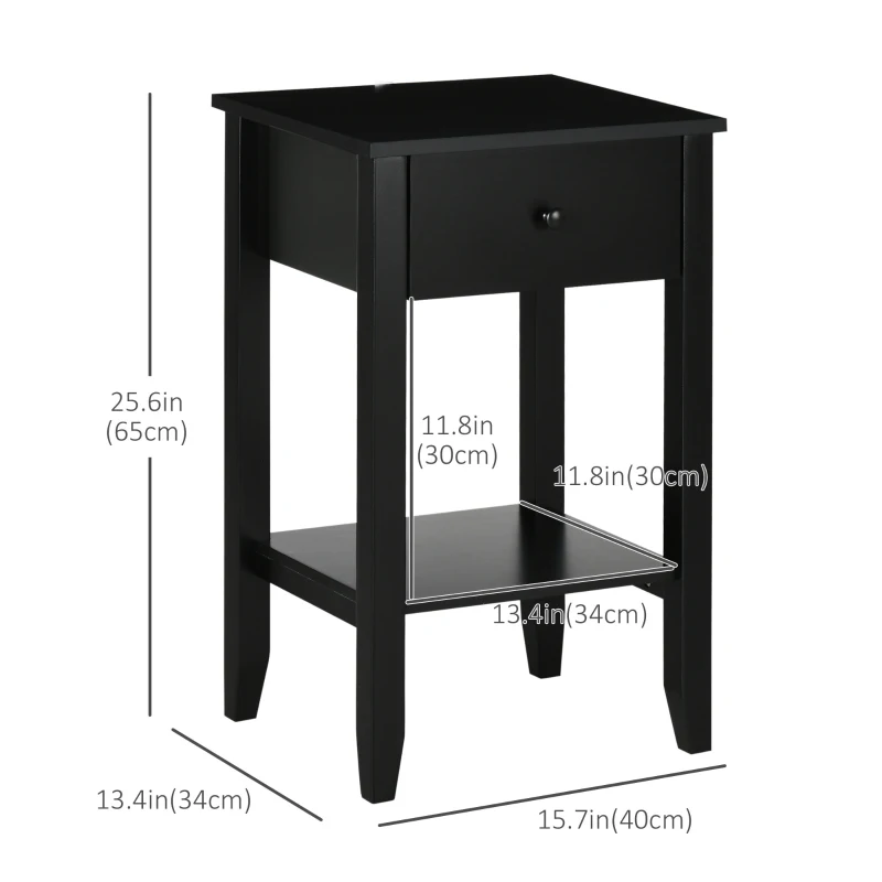 HOMCOM Side Table Set of 2, End Tables with Drawer and Bottom Shelf, 2-tier Nightstand for Bedroom, Living Room, Black