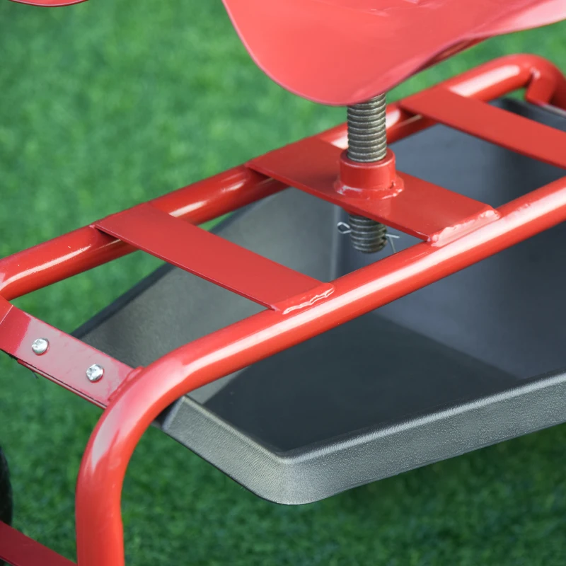 Outsunny Garden Scooter, Rolling Cart with Swivel and Adjustable Seat, Tool Tray, Bucket Basket, Red and Black