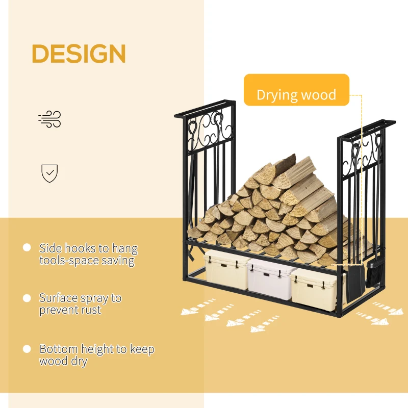 HOMCOM Heavy Duty Firewood Wood Log Rack Vintage Design Firewood Storage Shelf w/ 4 Tools, Black