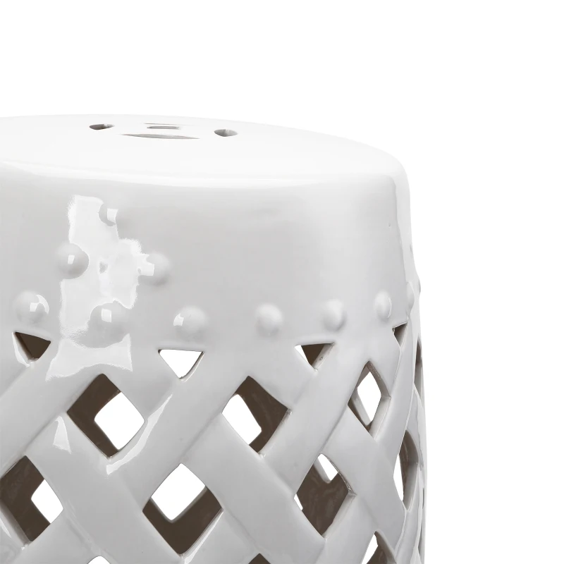 Outsunny 13" x 18" Ceramic Garden Stool with Woven Lattice Design & Glazed Strong Materials Decorative Outdoor Stool, White