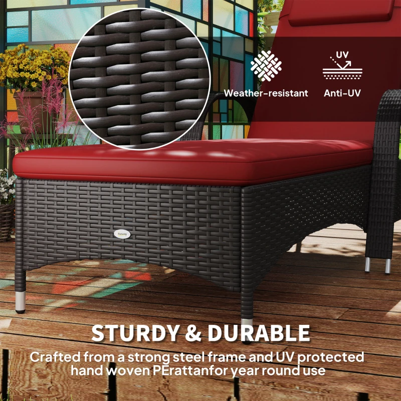 Outsunny Outdoor Lounger, Deck Lounge Chair with Headrest, 5-Level Adjustable, Backrest, Wheels, Deep Coffee and Wine Red