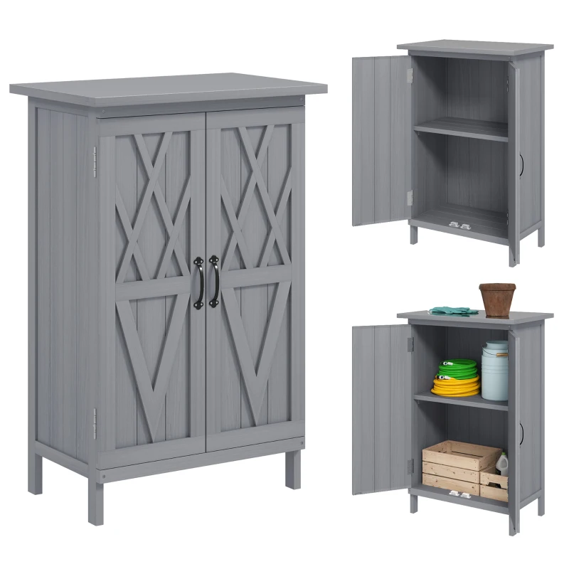 Outsunny Outdoor Storage Cabinet, Wooden Garden Storage Shed with 2-Tier Shelves, Metal Tabletop and Magnetic Doors, Grey