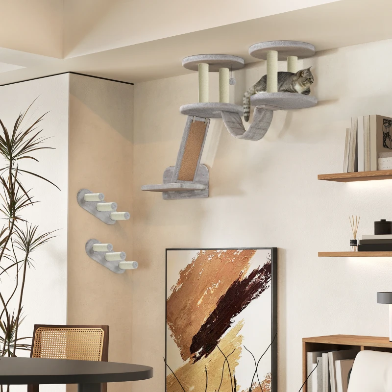 PawHut 3PCs Cat Wall Shelves w/ Scratching Post, Perches, Steps, Ladder, Light Grey