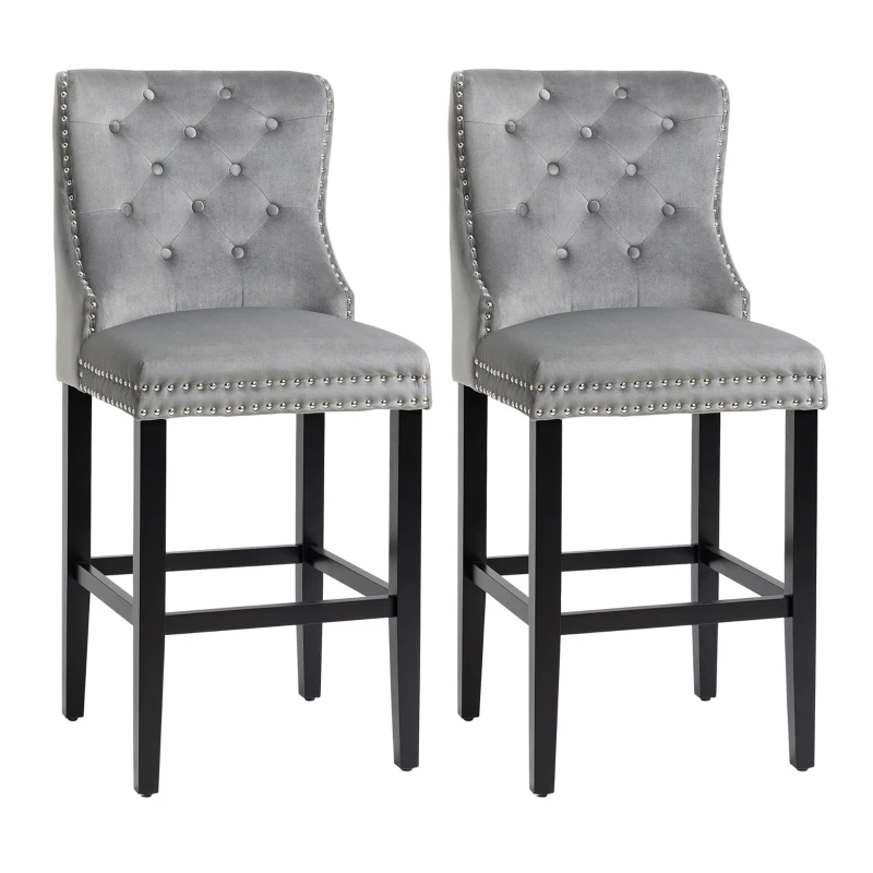 HOMCOM Upholstered Fabric Bar Stool Set of 2, Button Tufted 29.5" Seat Height Pub Chairs with Back & Wood Legs, Grey