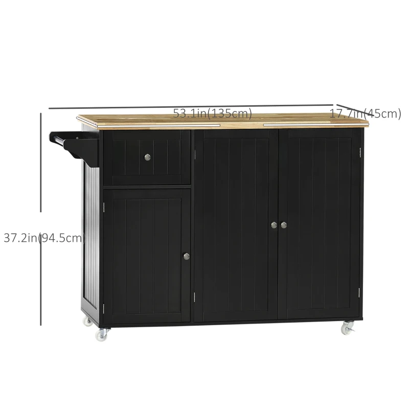 HOMCOM Rolling Kitchen Island on Wheels, Kitchen Island Cart with Rubber Wood Top, Towel Rack, Storage Cabinets and Drawer, Black