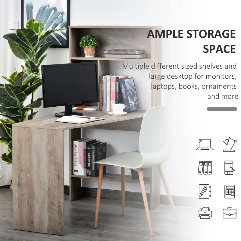 ​HOMCOM Nordic Style Computer Desk with Hutch and Storage Shelves PC Laptop Writing Table Home Office Workstation, Grey