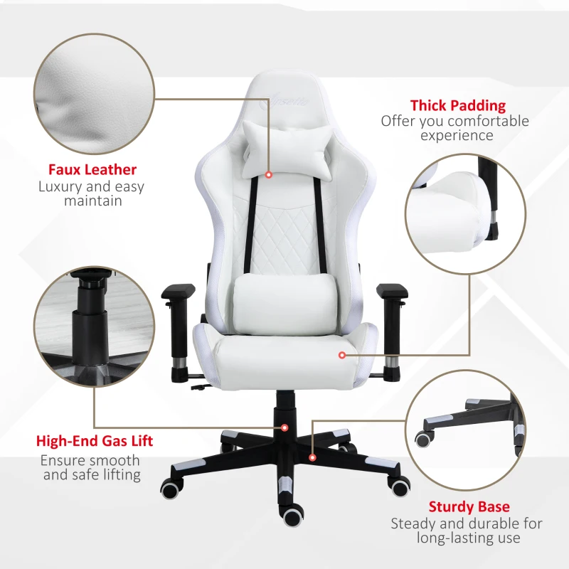 Vinsetto High Back Gaming Chair with RGB LED Lights, Adjustable Arms, and Lumbar Support, Racing Office Computer Chair with Head Pillow, White / Black