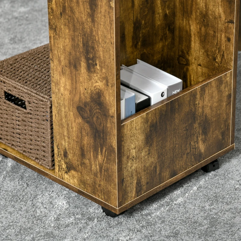 HOMCOM C-Shaped Sofa Side Table Mobile End Table with Storage and Wheels for Living Room,Office, Rustic Brown