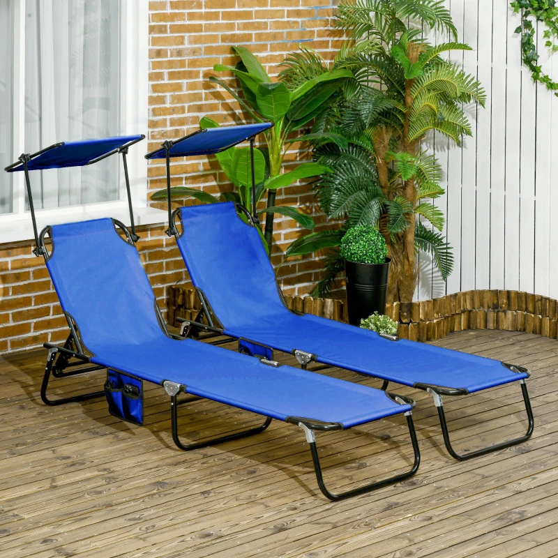 Outsunny Pool Chaise Lounge Chairs Set of 2, Folding Lounge Chairs with Sunshade, Reclining Back, Steel Frame, Blue