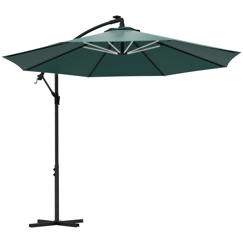 Outsunny 10ft Outdoor Cantilever Hanging Offset Umbrella with Solar LED Lights, Crank, Cross Base, Aluminum Frame, Green