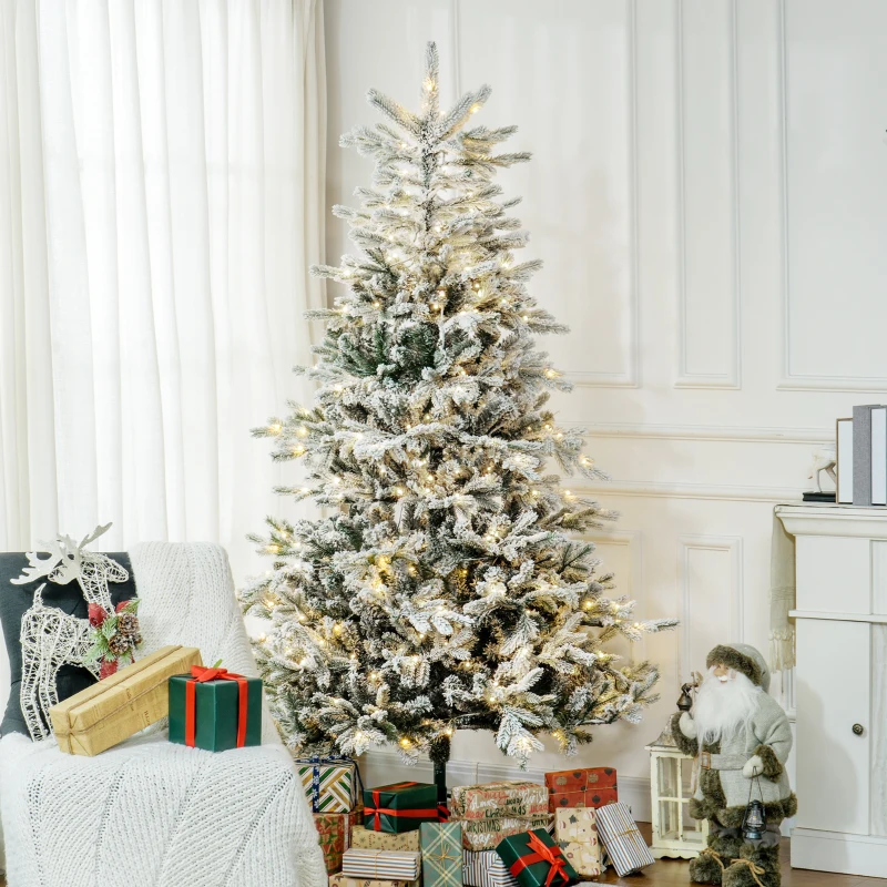 HOMCOM 7ft Artificial Prelit Christmas Tree with Warm White LED Light and Snow Flocked Branches, Metal Base