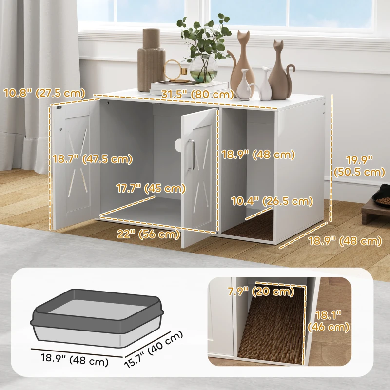 PawHut Cat Litter Box Enclosure, Hidden Cat Litter Box Furniture with Scratching Board, 31.5" x 19" x 20", White