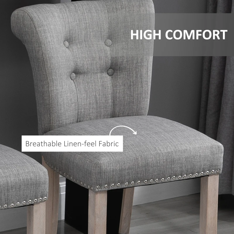 HOMCOM Bar Stools Set of 2, Upholstered Counter Height Stools with Button Tufted Back, Wood Legs and Footrest, Grey