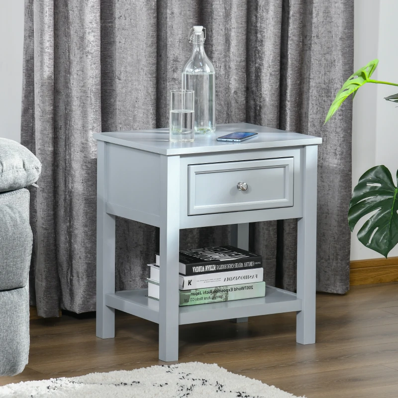 HOMCOM Accent End Table, Sofa Side Table with Storage Drawer and Bottom Shelf for Living Room,Gray