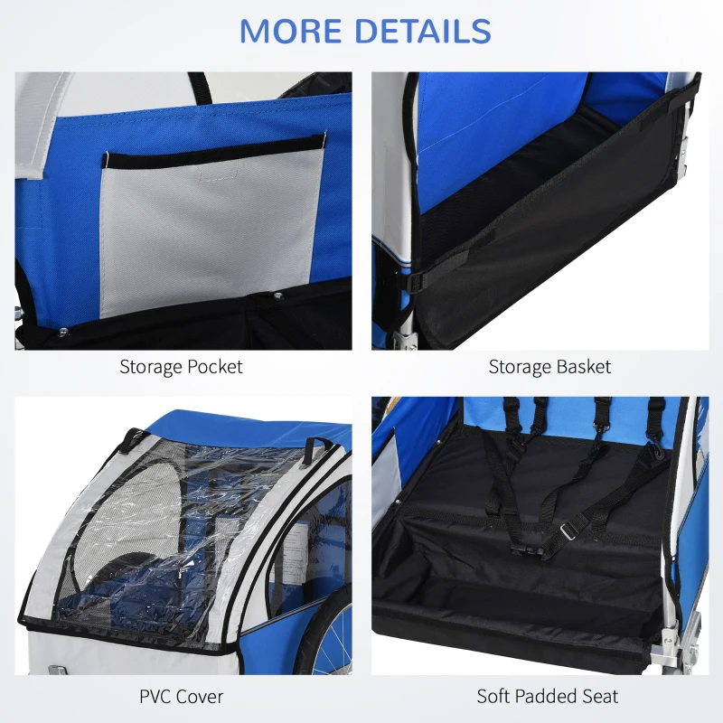 Aosom 2-Seat Child Bike Trailer for Kids with a Strong Steel Frame, 5-Point Safety Harnesses, & Comfortable Seat, Blue