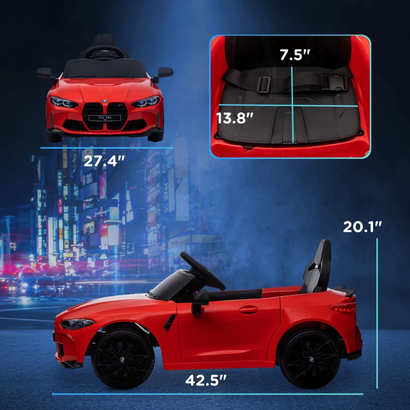 Qaba BMW M4 Licensed 12V Ride on Car, Kids Car w/ Remote Control, Suspension, Handle Attachment, LED Lights, Music, Red