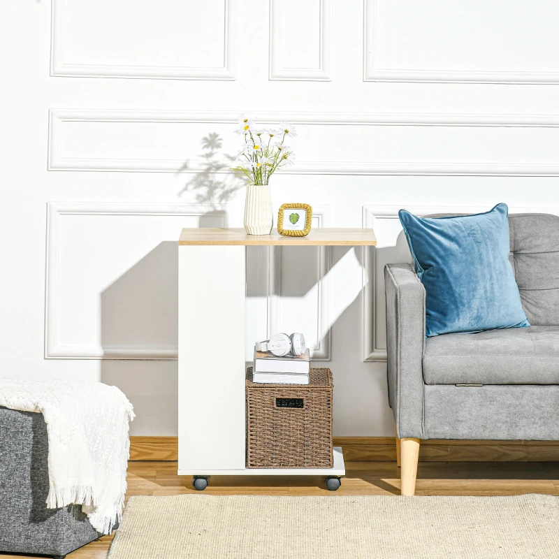 HOMCOM C-Shaped Sofa Side Table Mobile End Table with Storage and Wheels for Living Room,Office, White