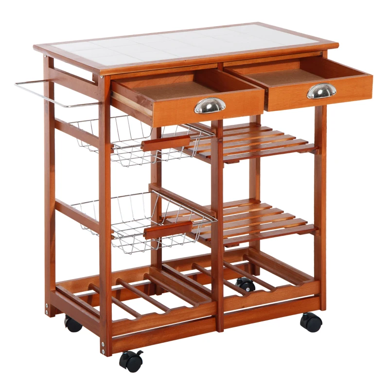 HOMCOM Rolling Kitchen Trolley Cart 4 Tier Storage Wooden Table Rack 2 Drawers Baskets Countertop
