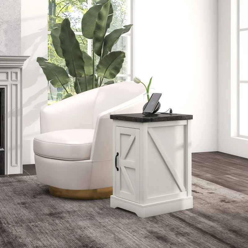 HOMCOM Farmhouse End Table with Storage, Side Table with Charging Station and USB Ports for Living Room, Distressed White