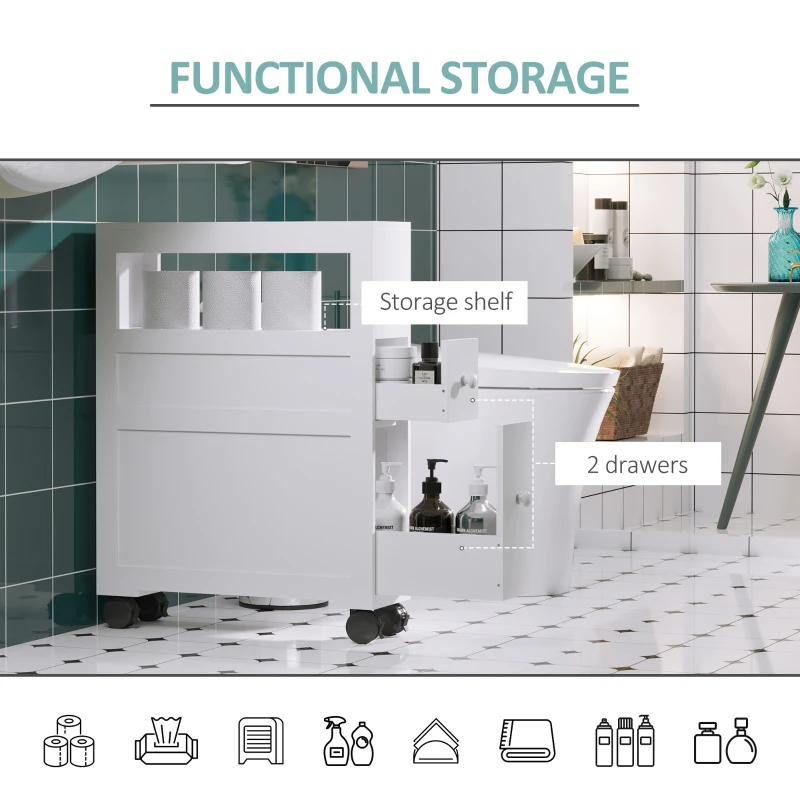 HOMCOM 6.25" x 20.5" x 28.25" Wood Rolling Narrow Bathroom Side Storage Cabinet - White