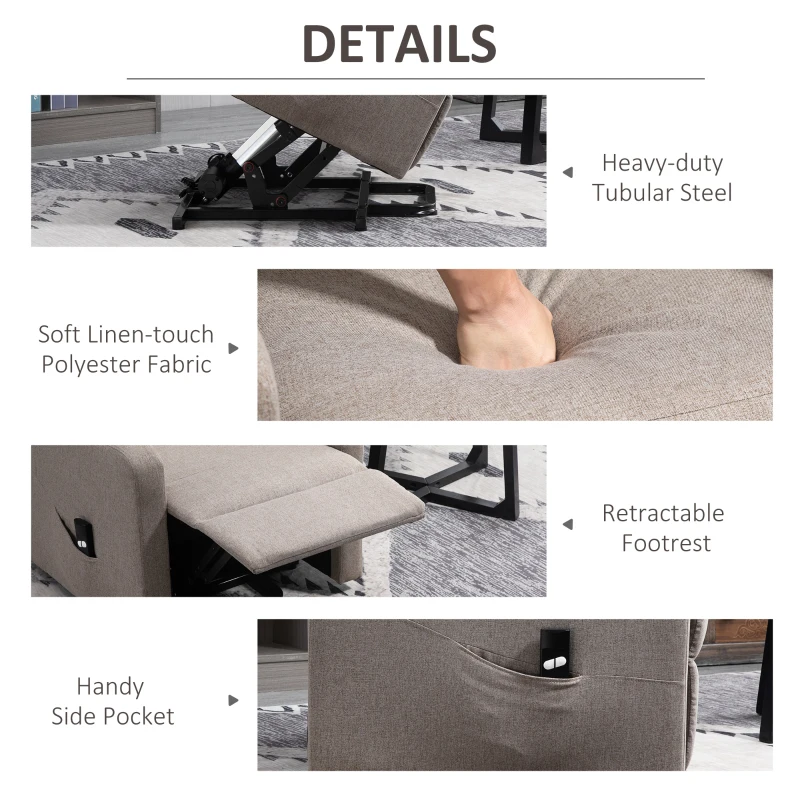 HOMCOM Electric Lift Recliner Chair Rising Power Chaise Lounge Fabric Sofa with Remote Control & Side Pocket for Living Room, Brown
