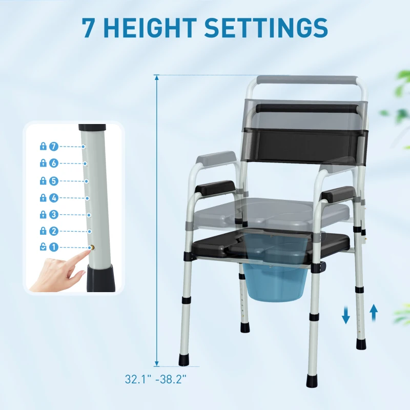 HOMCOM Bedside Commode Chair for Seniors, Adults, Handicap, Raised Toilet Seat with Arm, Adjustable Height, 331 lbs, Black
