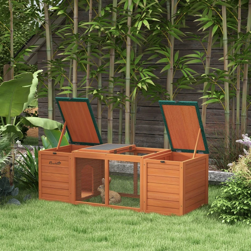 PawHut Outdoor Rabbit Cage Wooden Rabbit Hutch with Double Main House, Openable Tops, Asphalt Roofs for 1-2 Rabbits, Orange