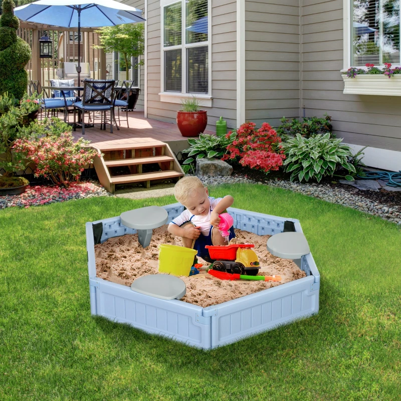 Outsunny Kids Sandbox with Cover, 3 Seats, Bottom Liner, for 3-12 Years Old, Light Blue