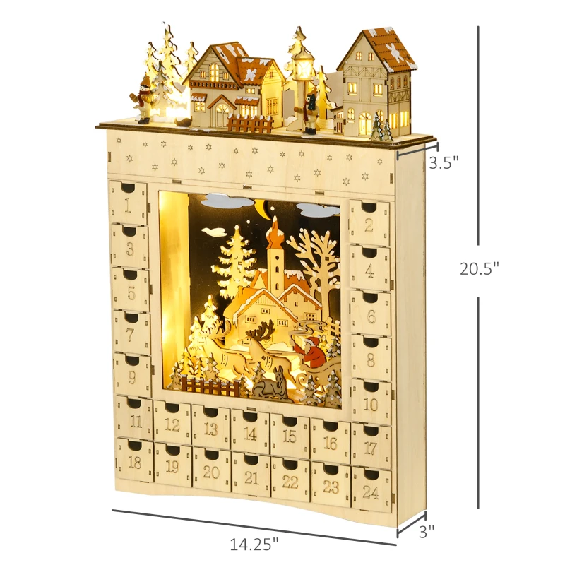 HOMCOM Christmas Advent Calendar, Wooden Countdown to Christmas Table Decoration with 24 Drawers, Lights, Battery Operated
