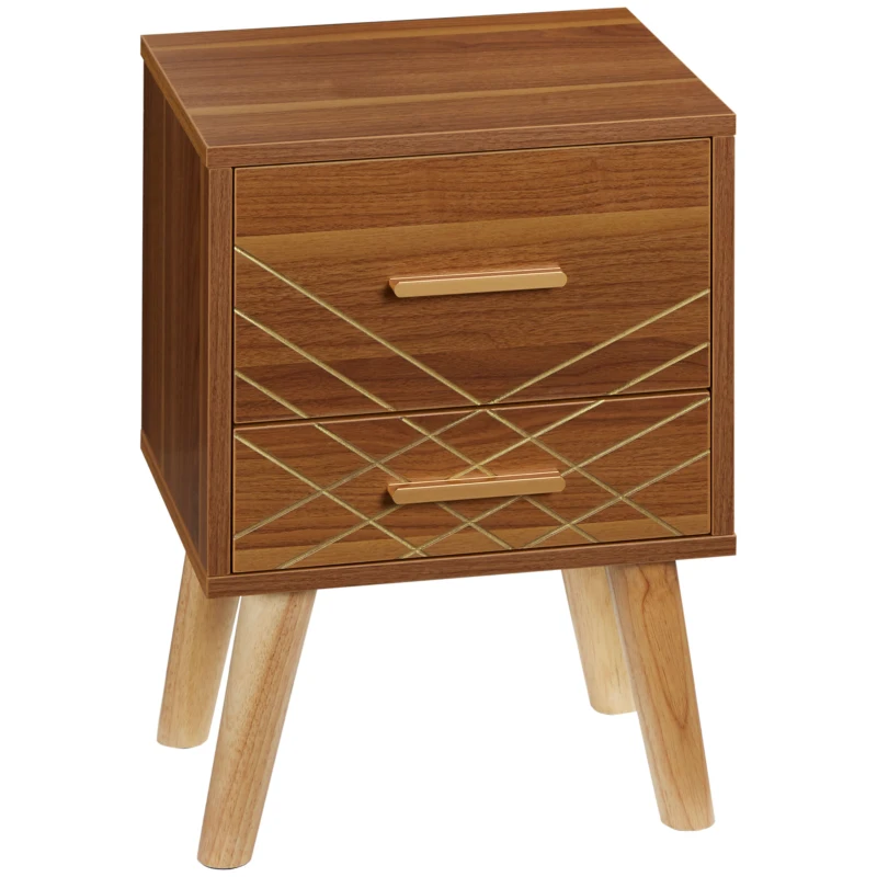 HOMCOM Scandinavian Bedside Table, Side End Table with 2 Drawers and Wood Legs, 13.8" x 12.6" x 20.3", Brown