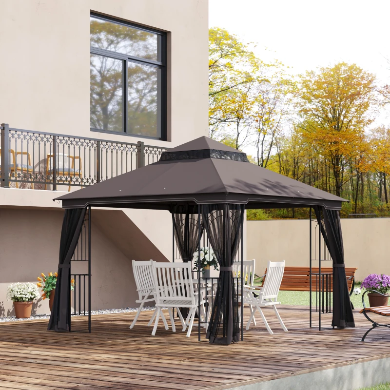 Outsunny 10'x10' Soft-top Patio Gazebo with Double Tier Roof, Mesh Curtains, Display Shelves, Top Hooks, Coffee