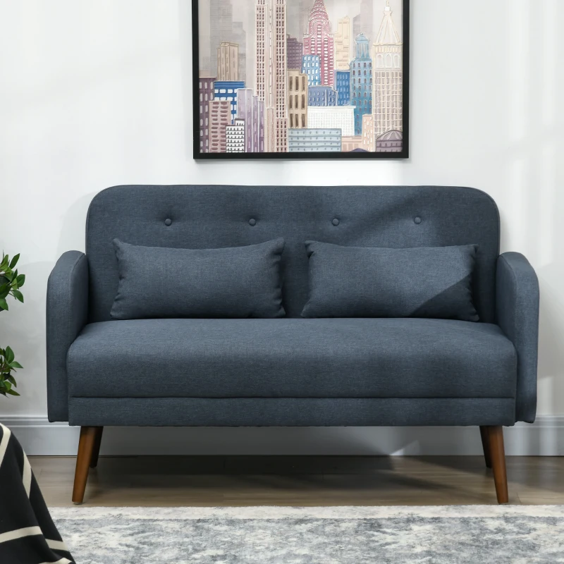 HOMCOM 53" 2 Seat Sofa, Modern Love Seats Furniture, Upholstered 2 Seater Couch with Throw Cushions, Solid Wood Frame, Blue