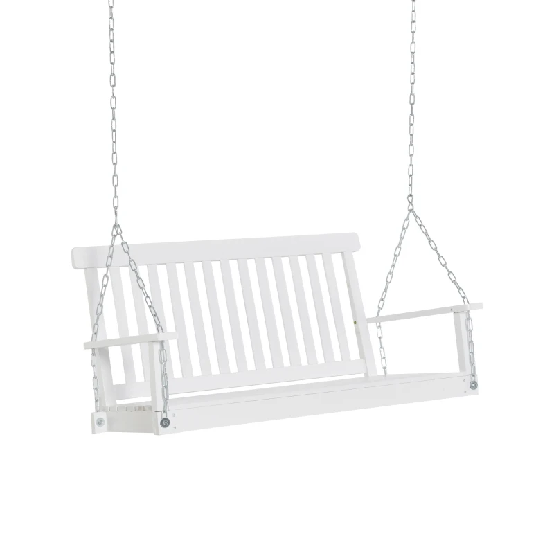 Outsunny 2-Seater Patio Swing Chair, Fir Wooden Porch Swing with Slatted Design, Hanging Chains for Outdoor, Garden, White