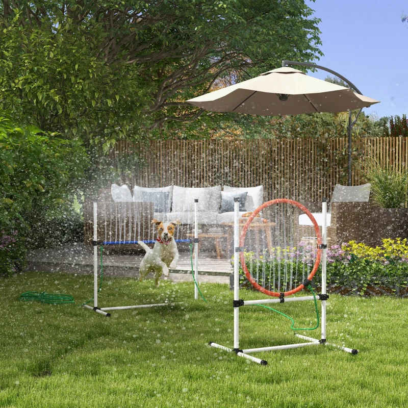 PawHut 3pc Dog Agility Training Equipment Set with Spray Water Tube, White
