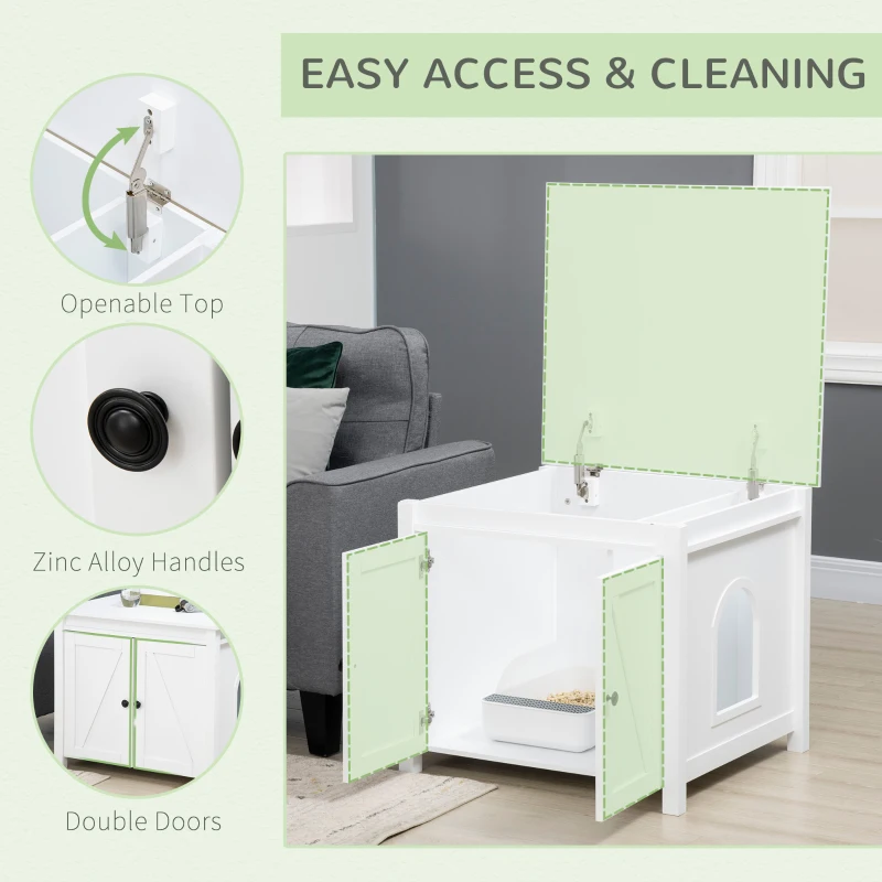 PawHut Cat Litter Box Enclosure with Openable Top, Cat Washroom Storage Side Table with Double Doors, Zinc Alloy Handles, for Indoor Use, White