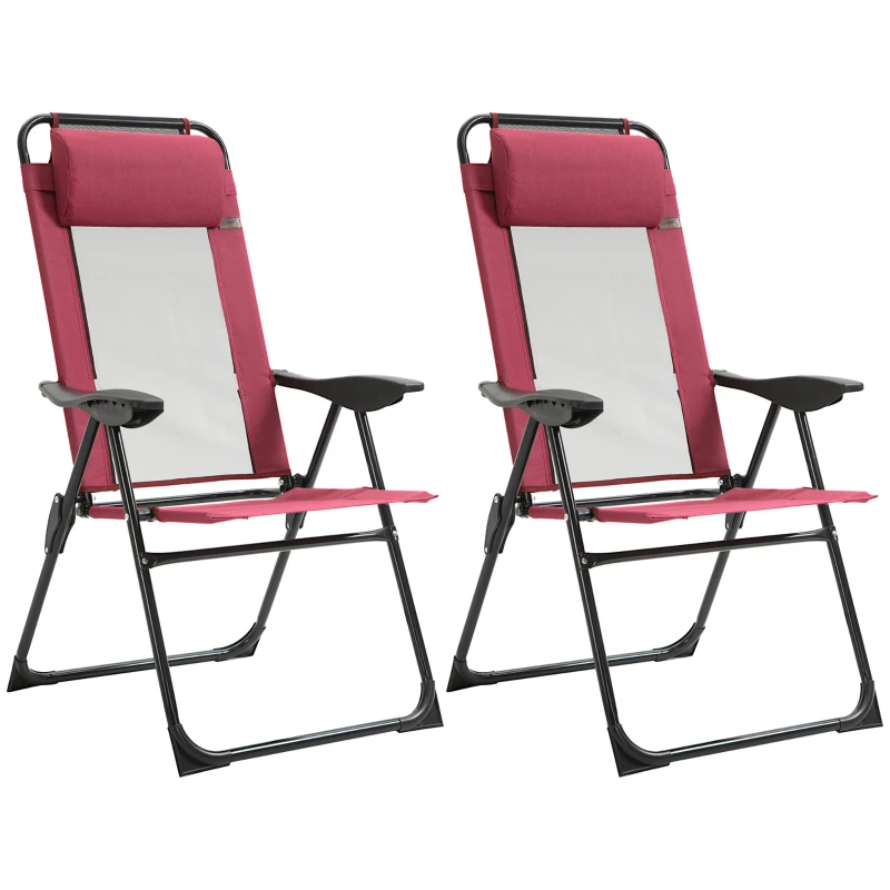 Outsunny Folding Patio Dining Chairs Set of 2, Outdoor Deck Chair with Adjustable Sling Back, Camping Chair with Removable Headrest for Garden, Backyard, Lawn, Red