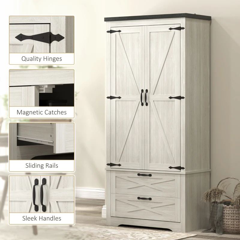 HOMCOM Farmhouse Kitchen Pantry Storage Cabinet, 64" Freestanding Kitchen Pantry Cabinet with Drawers, Distressed White