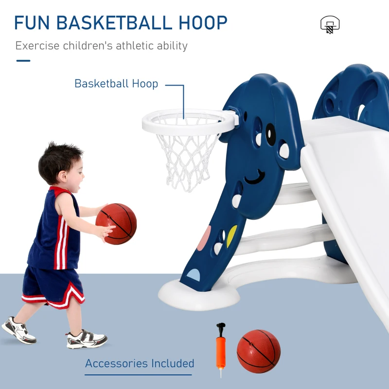 Qaba Kids Slide with Basketball Hoop Toddler Climber Freestanding Slider Playset Playground Slipping Slide Indoor Outdoor Exercise Toy Activity Center for 3-6 Years Old Blue