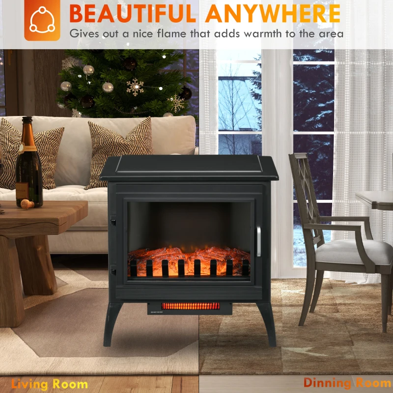 HOMCOM 24" Electric Fireplace Stove, Freestanding Infrared Fire Place Heater with Realistic Logs Flame, Adjustable Temperature, Overheat Protection, 1000W/1500W, Black