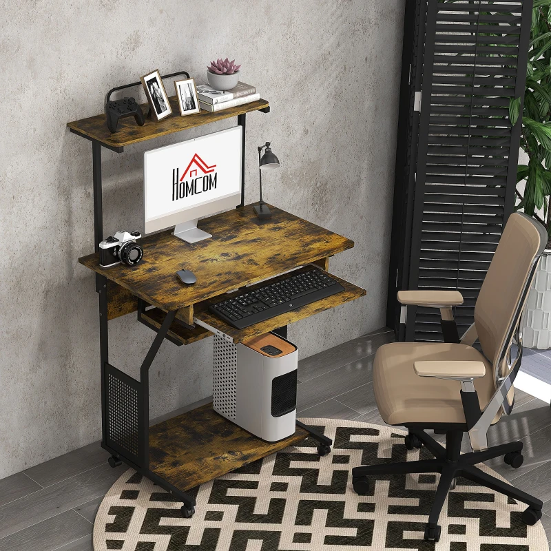 HOMCOM 32" Mobile Computer Table, Rolling Study Desk for Home Office with Keyboard Tray, Storage Shelves, Wheels, Rustic Brown