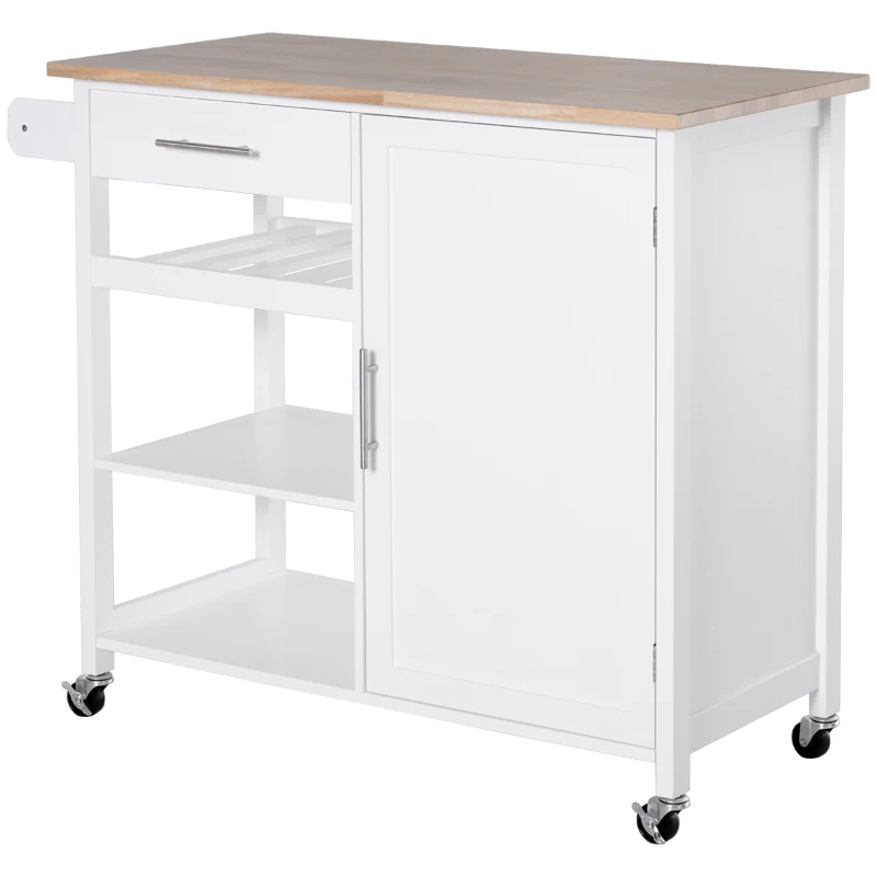 HOMCOM Rolling Kitchen Island with Storage, Kitchen Cart with Solid Wood Countertop, Drawer, Adjustable Shelf and Wine Rack, White