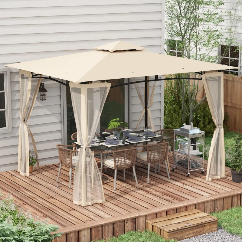 Outsunny 10' x 12' Outdoor Gazebo with Nettings, 2 Tier Patio Gazebo Canopy for Garden, Backyard, Deck, Beige