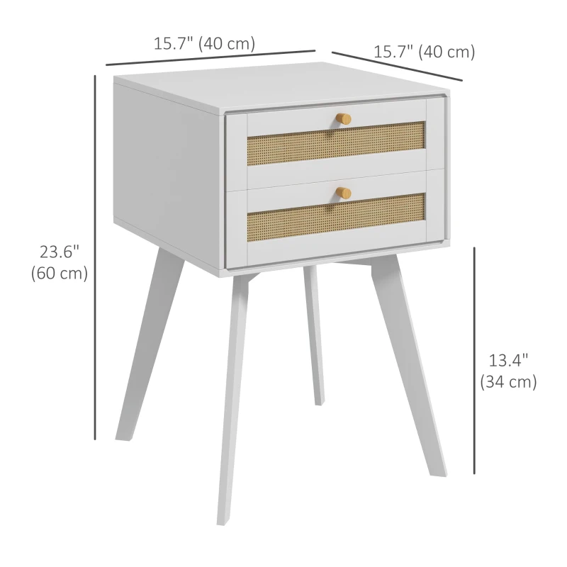 HOMCOM Boho Night Stands Set of 2, Bedside Tables with 2 Rattan Drawers, Square End Tables for Bedroom, Living Room