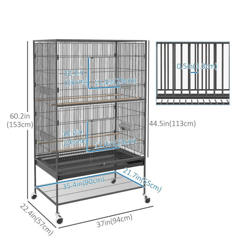 PawHut 60" Bird Cage with Stand for Cockatiels Canaries Lovebirds Finches, Budgie Cage with Wheels, Removable Tray, Storage Shelf